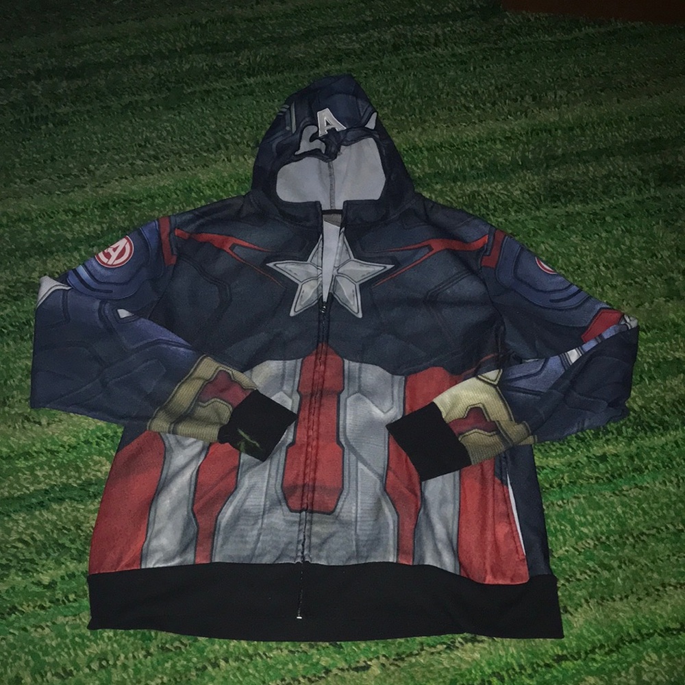 Marvel Captain America Graphic Zip-Up Hoodie Jacket Navy Blue Red Mens XXL